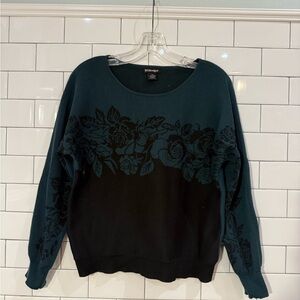 Bill Blass Teal/Green and Black Floral Sweater
